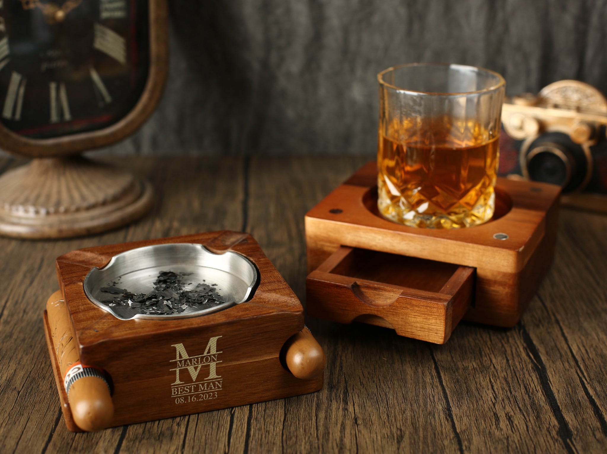 Personalized Whiskey & Cigar Tray Glass Holder Ashtray Whiskey, 2