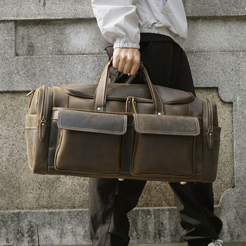 Grey Leather Duffle Bag Men Medium Shoulder Travel Weekender 