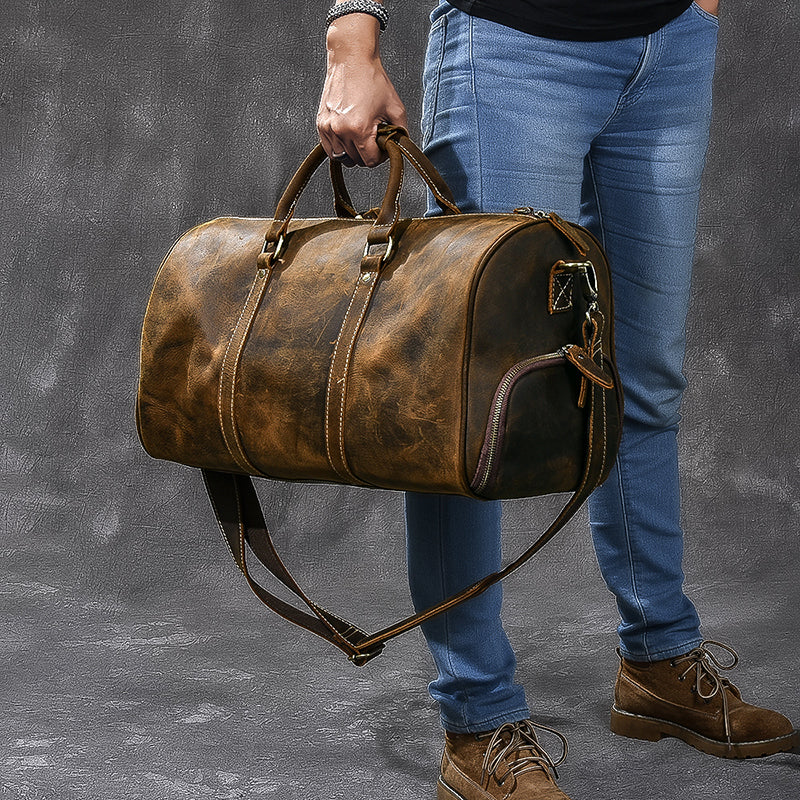 Men vintage crazy horse leather travel duffel Thick Real leather