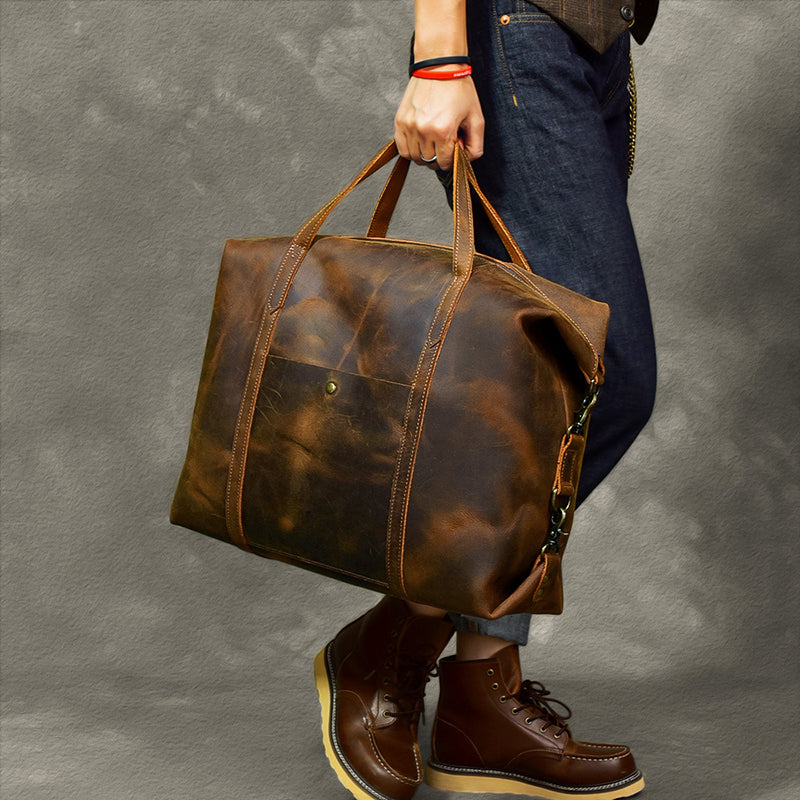 Crazy Horse Leather Travel Bags Vintage Duffle Bags Men's Duffel Bags With  Shoes Compartment Tote Travel Bags